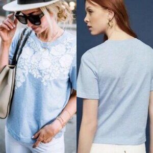 Anthropologie Pankaj Nidhi Blue Tee Embroidered Size Small Short Sleeve Top Boho